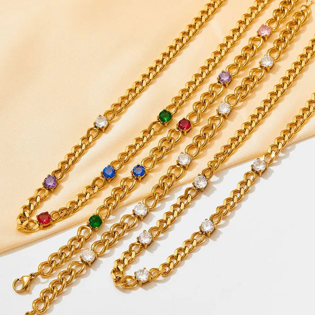 Waterproof  Cuba Chain Cubic Zirconia Stainless Steel Rainbow Cz Necklace For Women