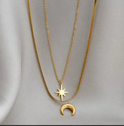Waterproof Double Layered 18K Gold Necklace Stainless Steel Herringbone Chain Women Tarnish Free Star And Moon Necklace