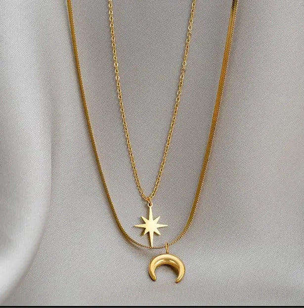 Waterproof Double Layered 18K Gold Necklace Stainless Steel Herringbone Chain Women Tarnish Free Star And Moon Necklace
