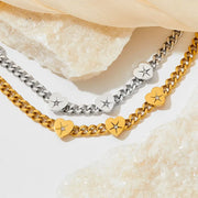 Tarnish Free Stainless Steel Pvd 18k Gold Plating Cuban Link Chain Bracelet Zircon Diamond Heart Charm Bracelets Women