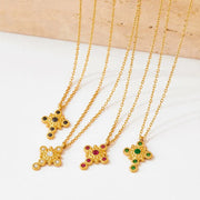 Vintage Zircon Inlaid Cross Pendant Splicing Necklace Stainless Steel  Jewelry For Girls
