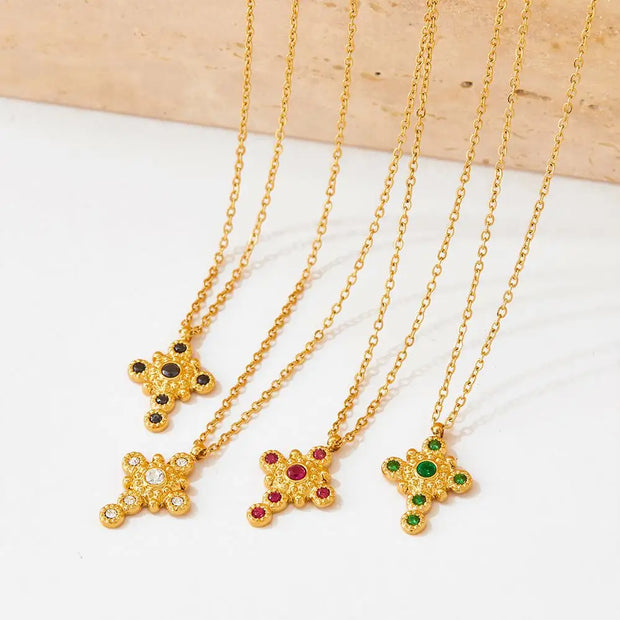 Vintage Zircon Inlaid Cross Pendant Splicing Necklace Stainless Steel  Jewelry For Girls
