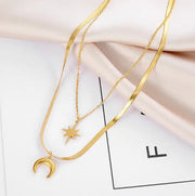 Waterproof Double Layered 18K Gold Necklace Stainless Steel Herringbone Chain Women Tarnish Free Star And Moon Necklace
