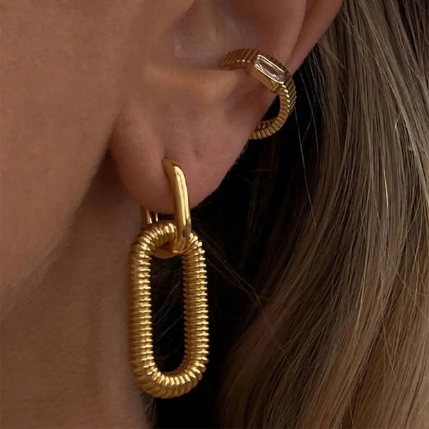 Vintage Tarnish Free Jewelry 2 Wearing Ways Square Huggie Dangle Earrings Gold  Plated Stainless Steel Pendant Drop Earrings