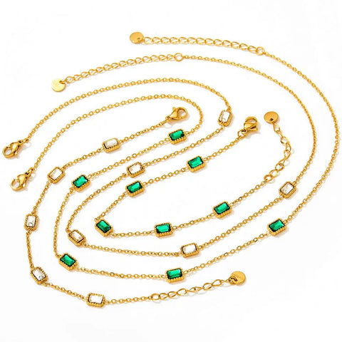 Women's Jewelry Wholesale Custom 18k Gold Plated Stainless Steel Chain Link Green Aaa Cubic Zircon Stone Anklet