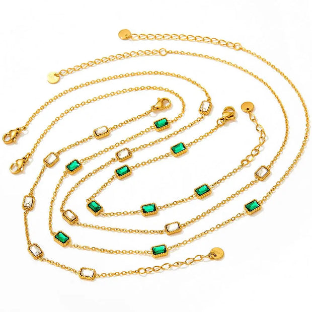 Women's Jewelry Wholesale Custom 18k Gold Plated Stainless Steel Chain Link Green Aaa Cubic Zircon Stone Anklet