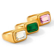 Trendy Jewelry Gold Plated Cubic Zirconia Ring Stainless Steel Square Pink Green Zircon Ring