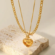 Waterproof Double Layers Stainless Steel Heart Pendant Necklace No Fade Gold Plated Paved Cz Peach Heart Necklace For Women