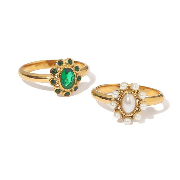 White Pearl Shiny Cubic Zircon SunFlower Ins Fashion 18K PVD Gold Plated Stainless Steel Stacking Ring