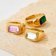 Trendy Jewelry Gold Plated Cubic Zirconia Ring Stainless Steel Square Pink Green Zircon Ring