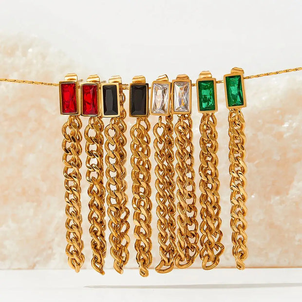 Trendy 18k Gold Plated Earring Colorful Zircon Drop Long Chain Tassels Stainless Steel Earrings For Women
