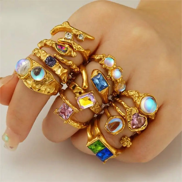 Waterproof 18K PVD Gold Plated 316L Stainless Steel Zircon Chunky Rings Non Tarnish Geometric Crystal Diamond Open Ring