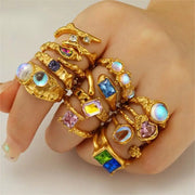 Waterproof 18K PVD Gold Plated 316L Stainless Steel Zircon Chunky Rings Non Tarnish Geometric Crystal Diamond Open Ring
