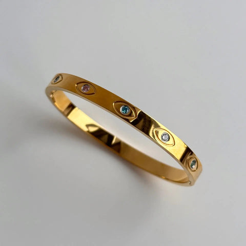 Waterproof PVD 18k Gold Plated Round Colorful Zirconia Eye Design Stainless Steel Bangles For Gift