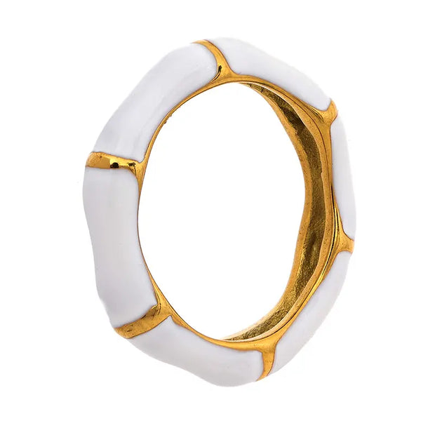 White Enamel Stainless Steel Bamboo Finger Ring Women Minimalist Stylish 18K PVD Stainless Steel Waterproof Rings