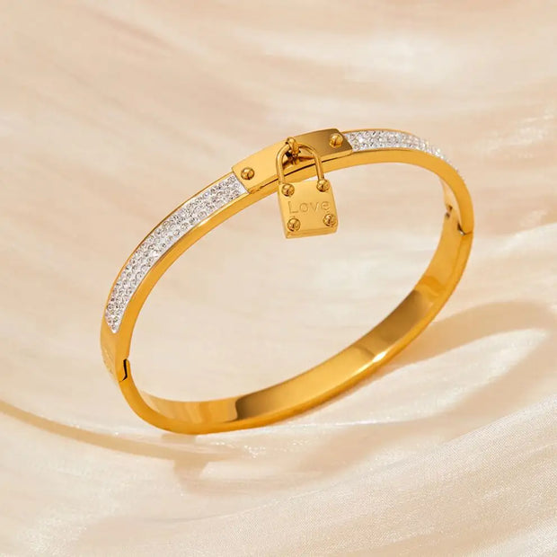 Waterproof 18k Gold Plated Titanium Steel Love Lock  Zircon Splicing Bracelet Bangle Girls