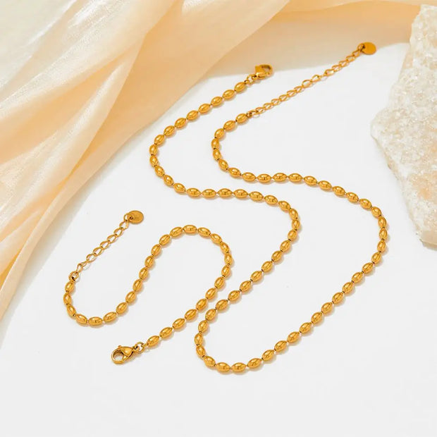 Wholesale Custom Stainless Steel Jewelry 18k Pvd Gold Plated Oval Rice Bead Link Chain Bracelet Necklace For Women