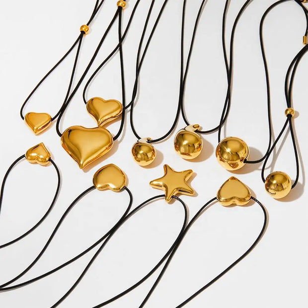 Vintage Big Puffy Heart Drop Star Sphere Shapes Hollow Pendant Black Leather Cord Chain Choker Necklace Adjustable for Women