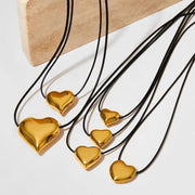 Vintage Big Puffy Heart Drop Star Sphere Shapes Hollow Pendant Black Leather Cord Chain Choker Necklace Adjustable for Women