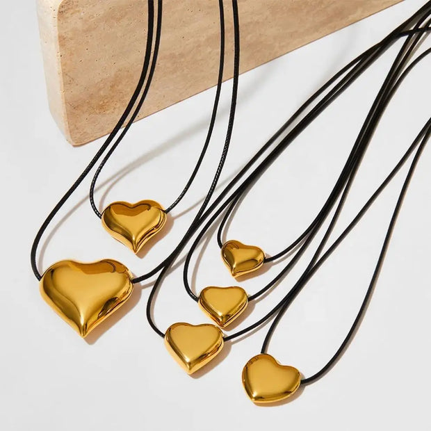 Vintage Big Puffy Heart Drop Star Sphere Shapes Hollow Pendant Black Leather Cord Chain Choker Necklace Adjustable for Women
