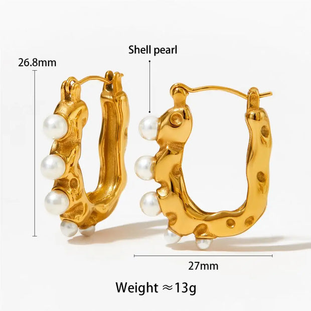 U Shape Hoop Korean Earrings Gold Plated Tarnish Free Stainless Steel Imitation Pearl Earrings Wholesale Bulk