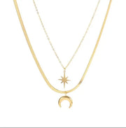 Waterproof Double Layered 18K Gold Necklace Stainless Steel Herringbone Chain Women Tarnish Free Star And Moon Necklace