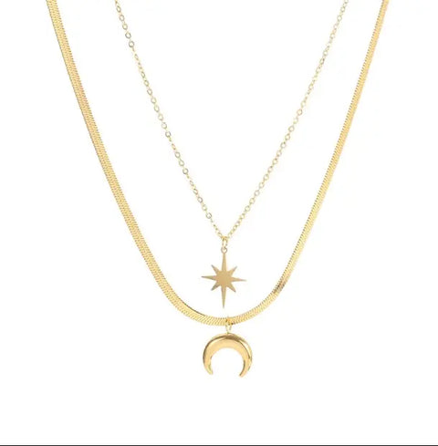 Waterproof Double Layered 18K Gold Necklace Stainless Steel Herringbone Chain Women Tarnish Free Star And Moon Necklace