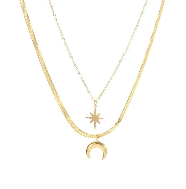 Waterproof Double Layered 18K Gold Necklace Stainless Steel Herringbone Chain Women Tarnish Free Star And Moon Necklace