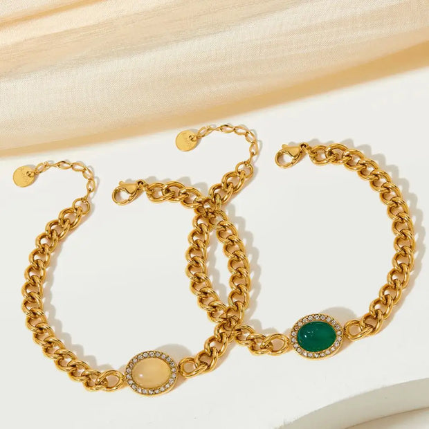 Vintage Gold Plated Stainless Steel Green Agate Stone Zircon Inlaid  Cuban Chain Bracelet For Women