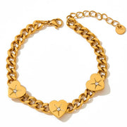 Tarnish Free Stainless Steel Pvd 18k Gold Plating Cuban Link Chain Bracelet Zircon Diamond Heart Charm Bracelets Women