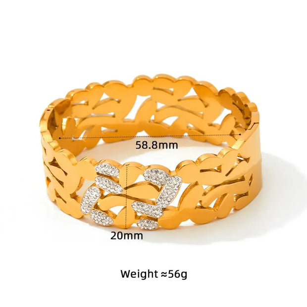 Waterproof PVD Gold Plated Bracelet 20MM Width Woman Rhinestone Hollow Bangle