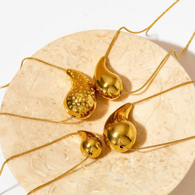 Texture Hammer Tear Drop Gold Plated Necklace Stainless Steel Water Drop Pendant Statement Necklaces Women