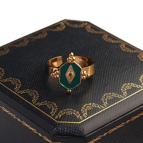 Vintage Green Enamel Open Ring Gold Plated Stainless Steel Rings Fashion Jewelry Wholesale