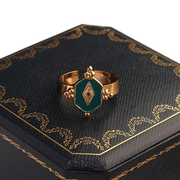 Vintage Green Enamel Open Ring Gold Plated Stainless Steel Rings Fashion Jewelry Wholesale