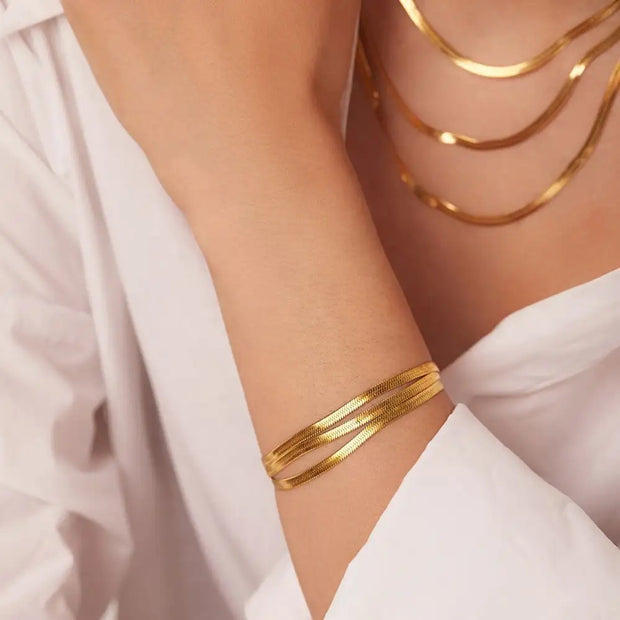 18K Gold Plated 3mm Snake Chain Layer Necklace Stainless Steel Triple Layer Snake Chain Necklace
