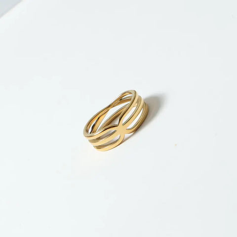 Waterproof 18K Plain Gold Individuality Double Circle Linked Rings Stainless Steel Multi Layer Interlocking Ring Jewelry