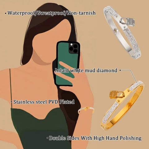Waterproof 18k Gold Plated Titanium Steel Love Lock  Zircon Splicing Bracelet Bangle Girls
