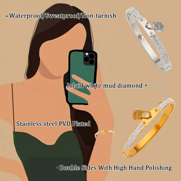 Waterproof 18k Gold Plated Titanium Steel Love Lock  Zircon Splicing Bracelet Bangle Girls