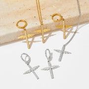 Unique Cross Angel wings Micro Insert CZ Pendant Drop Earring Stainless Steel Zircon  Hoop Earrings Women
