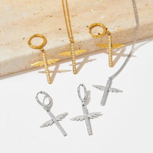 Unique Cross Angel wings Micro Insert CZ Pendant Drop Earring Stainless Steel Zircon  Hoop Earrings Women