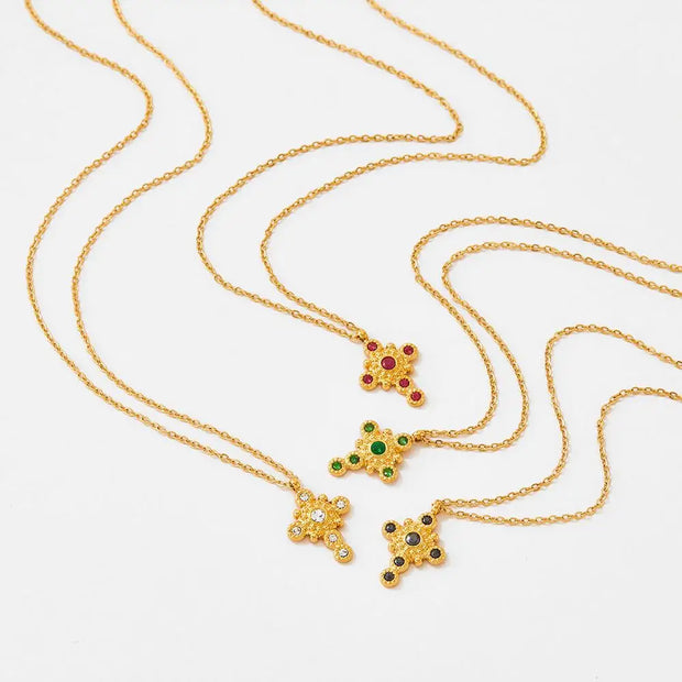Vintage Zircon Inlaid Cross Pendant Splicing Necklace Stainless Steel  Jewelry For Girls