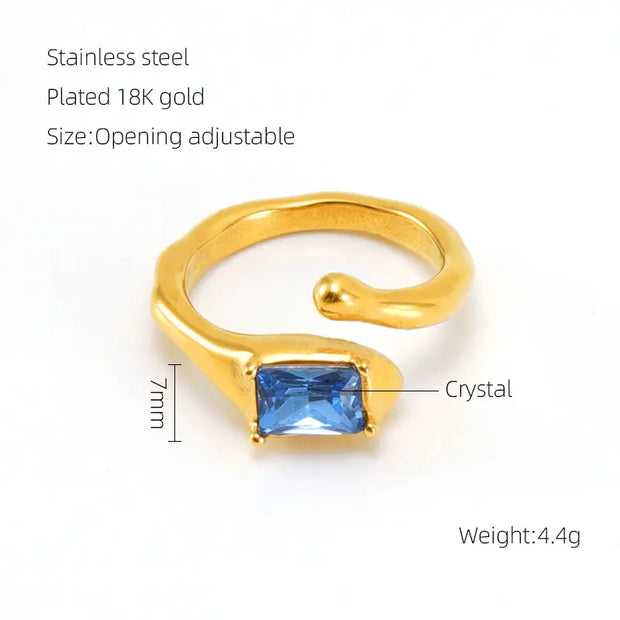 Waterproof 18K PVD Gold Plated 316L Stainless Steel Zircon Chunky Rings Non Tarnish Geometric Crystal Diamond Open Ring