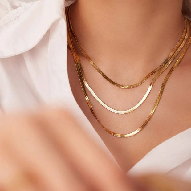 18K Gold Plated 3mm Snake Chain Layer Necklace Stainless Steel Triple Layer Snake Chain Necklace