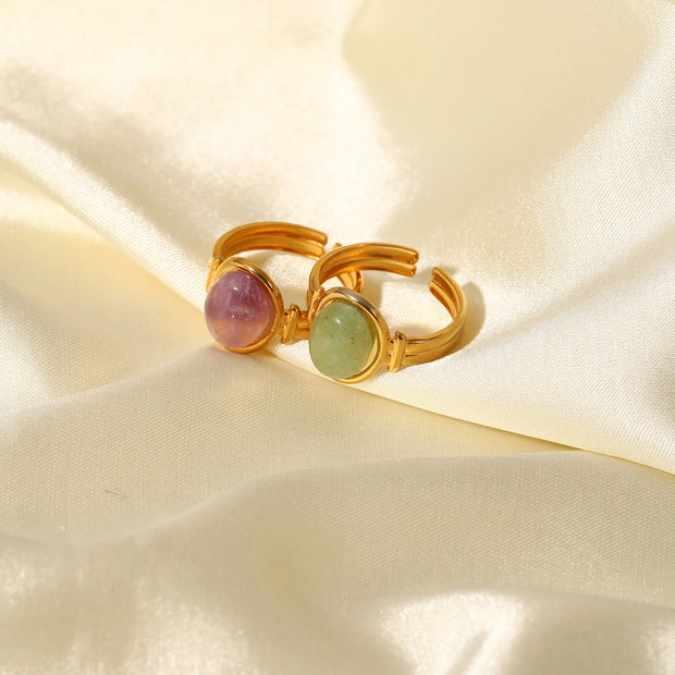 18K Gold Plated Stainless Steel round Natural Green Purple Stone Adjustable Rings for Women