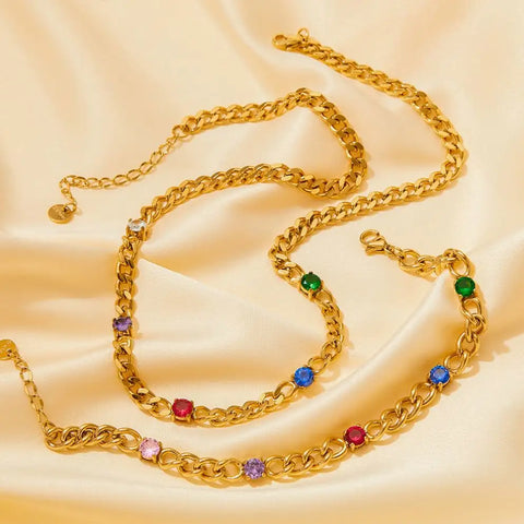 Waterproof  Cuba Chain Cubic Zirconia Stainless Steel Rainbow Cz Necklace For Women