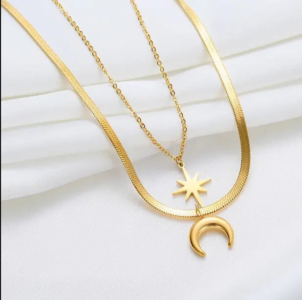 Waterproof Double Layered 18K Gold Necklace Stainless Steel Herringbone Chain Women Tarnish Free Star And Moon Necklace