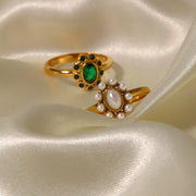 White Pearl Shiny Cubic Zircon SunFlower Ins Fashion 18K PVD Gold Plated Stainless Steel Stacking Ring