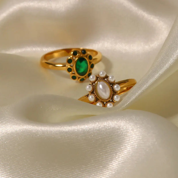 White Pearl Shiny Cubic Zircon SunFlower Ins Fashion 18K PVD Gold Plated Stainless Steel Stacking Ring