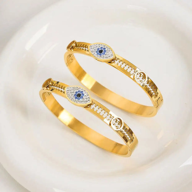 Tarnish Free Waterproof Acier Inoxydable Stainless Steel 18K Gold Plated Eyes Zircon Women Bracelets Bangle