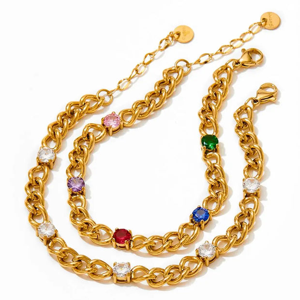 Women Jewelry Gold Plated Curb Chain Women Bracelet Waterproof Jewelry 18k Gold Cz Stone Charm Chain Bracelet